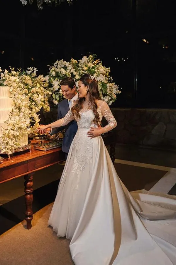 Tulle Lace Long Sleeves Rustic Wedding Dresses With Detachable Satin, MW860