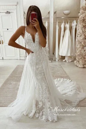 Tulle Mermaid V-neck Rustic Wedding Dresses With Detachable Train, MW973