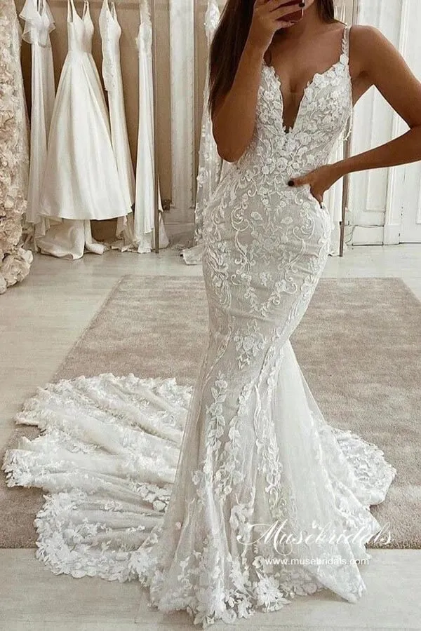 Tulle Mermaid V-neck Rustic Wedding Dresses With Detachable Train, MW973
