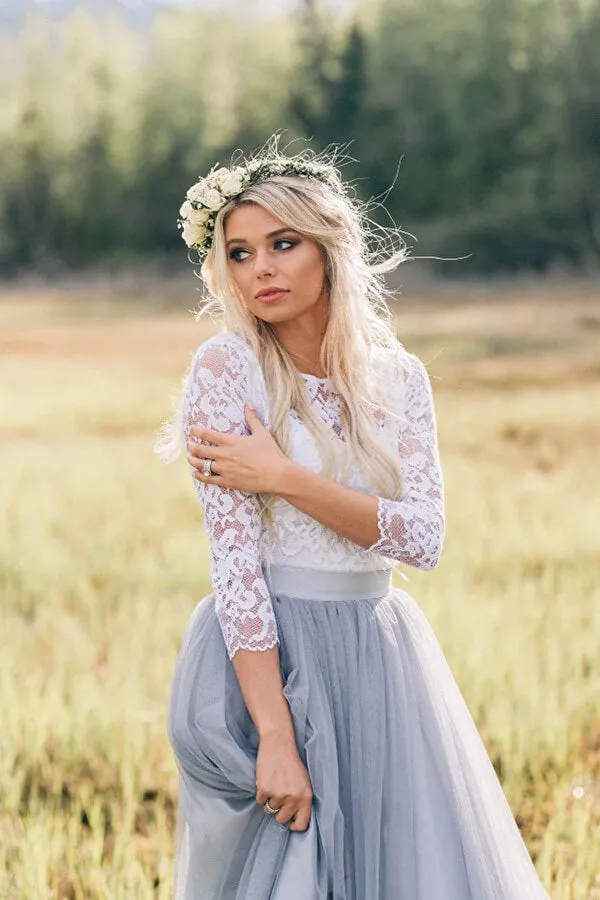 Two Pieces 3/4 Sleeves Boho Wedding Dresses, Lace Wedding Gowns, MW819