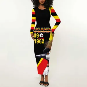 Uganda Independence Day with Crowned Cranes Long Sleeve Bodycon Dress LT03