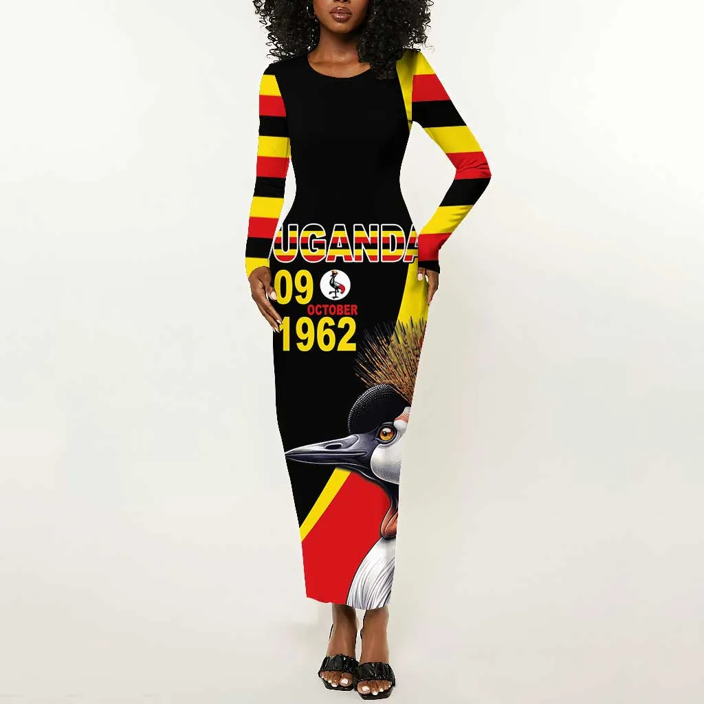 Uganda Independence Day with Crowned Cranes Long Sleeve Bodycon Dress LT03