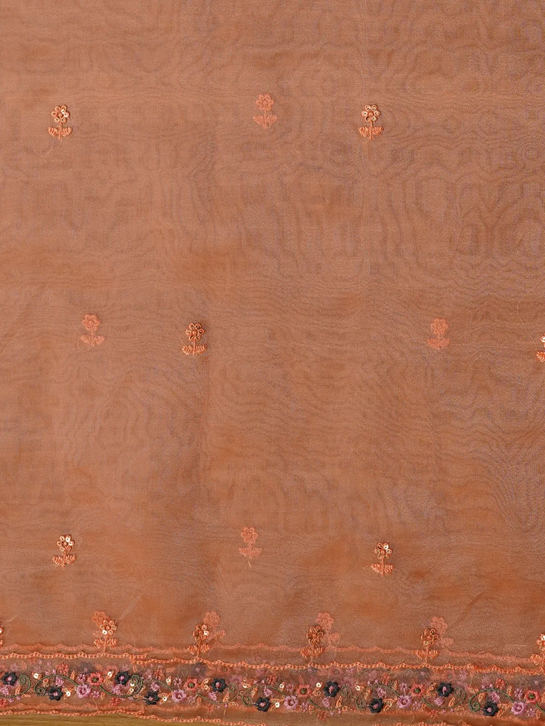 Unstitched Embroidered Orange Organza Dress Material With Dupatta