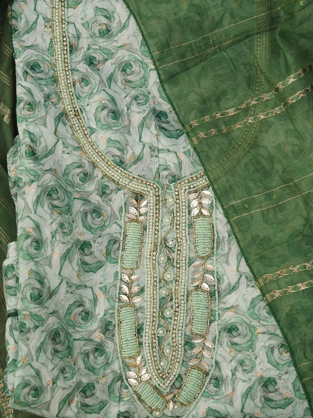Unstitched Multicolor Embellished Cotton Blend Dress Material with Dupatta