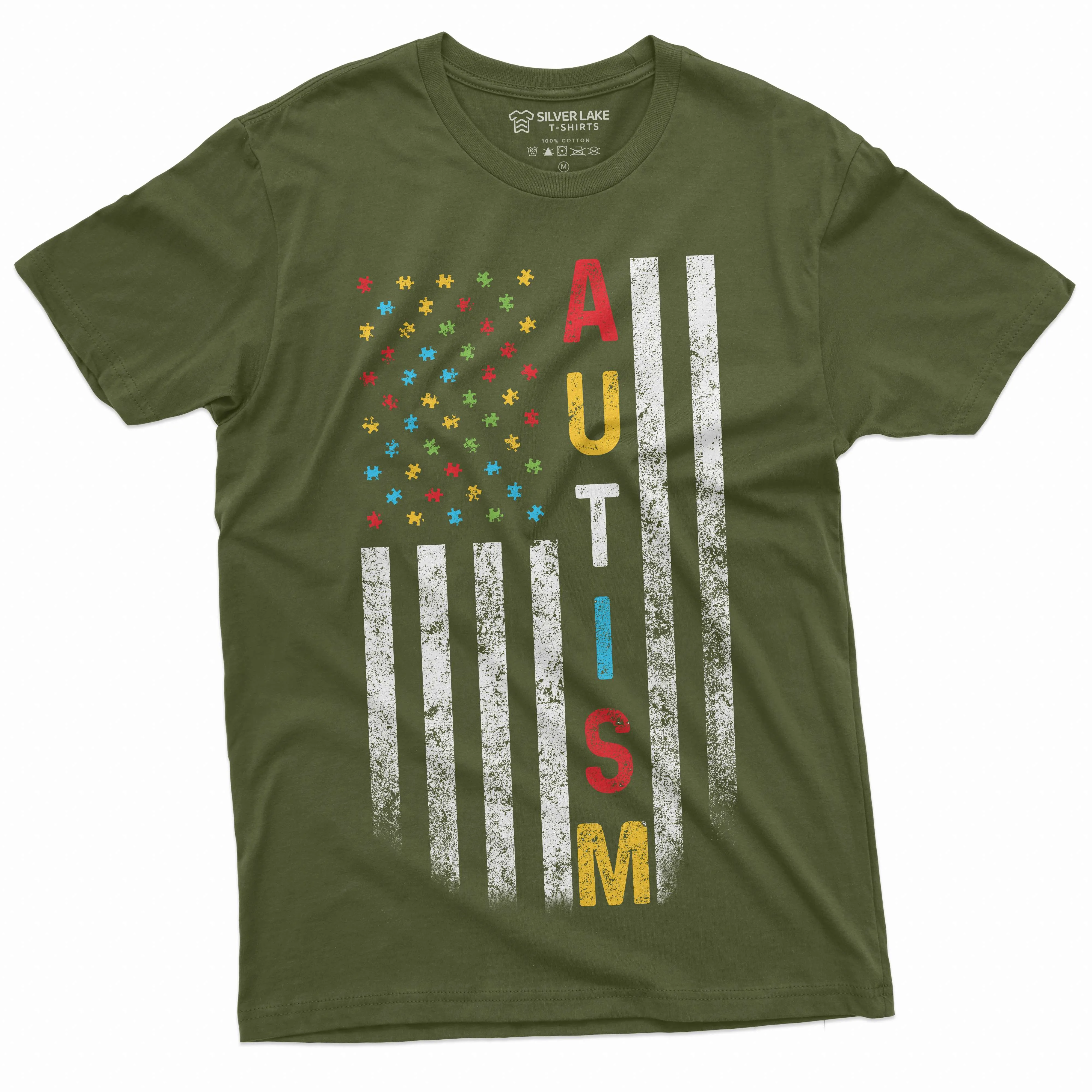 US Flag Autism colors T-shirt autism awareness day men's tee shirt patriotic USA Flag ASD day Tee