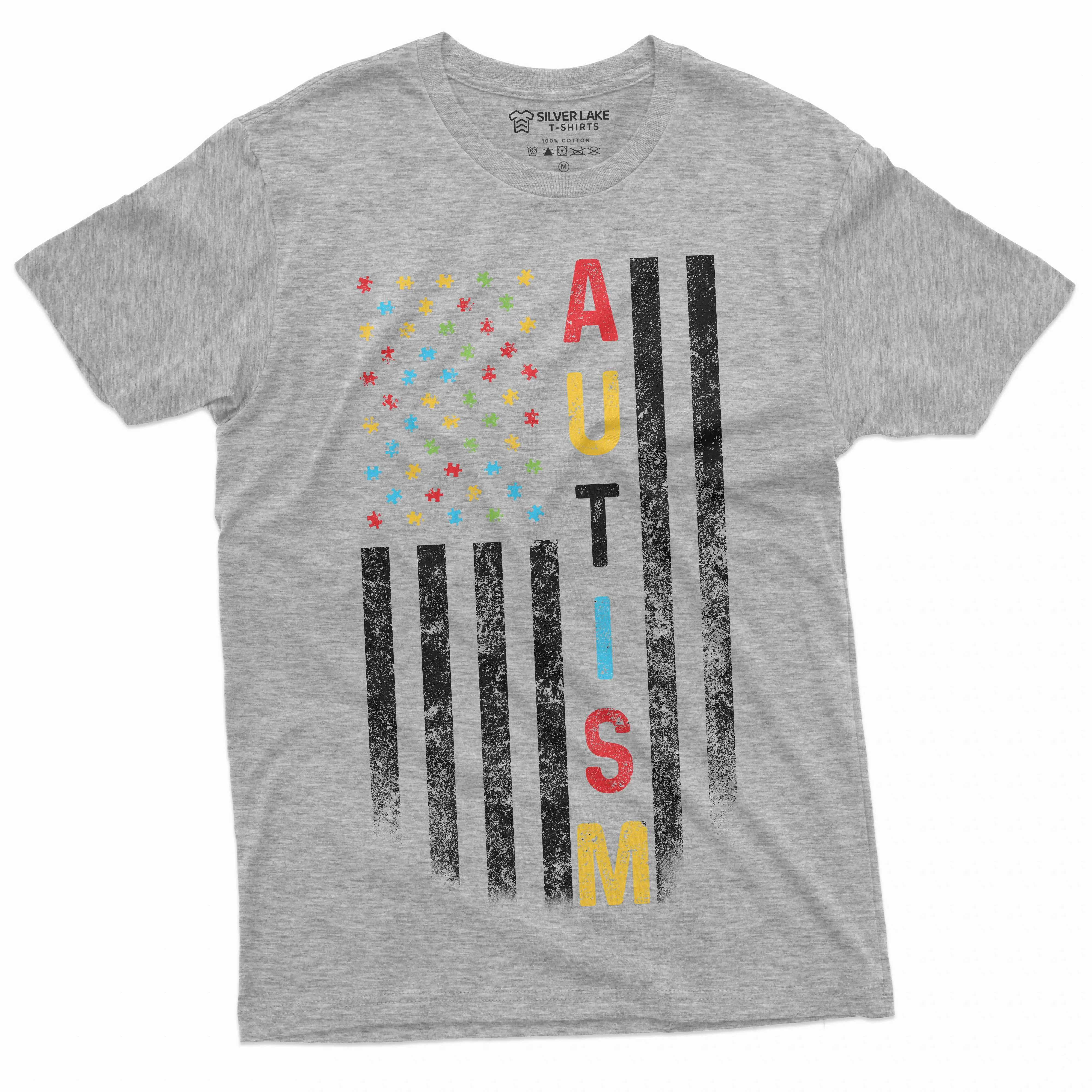US Flag Autism colors T-shirt autism awareness day men's tee shirt patriotic USA Flag ASD day Tee