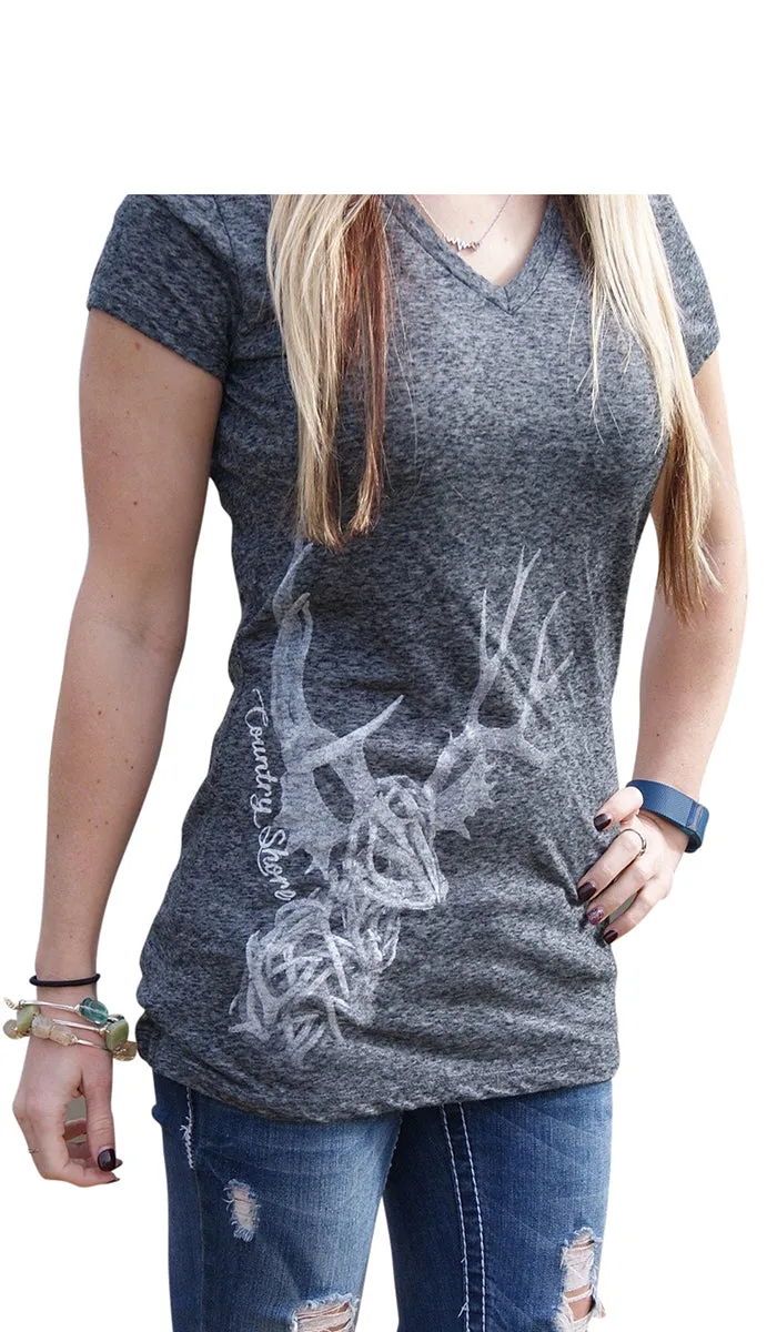 V-Neck Cap Sleeve Tee - Gray - All Antlers - Country Shore Outfitters