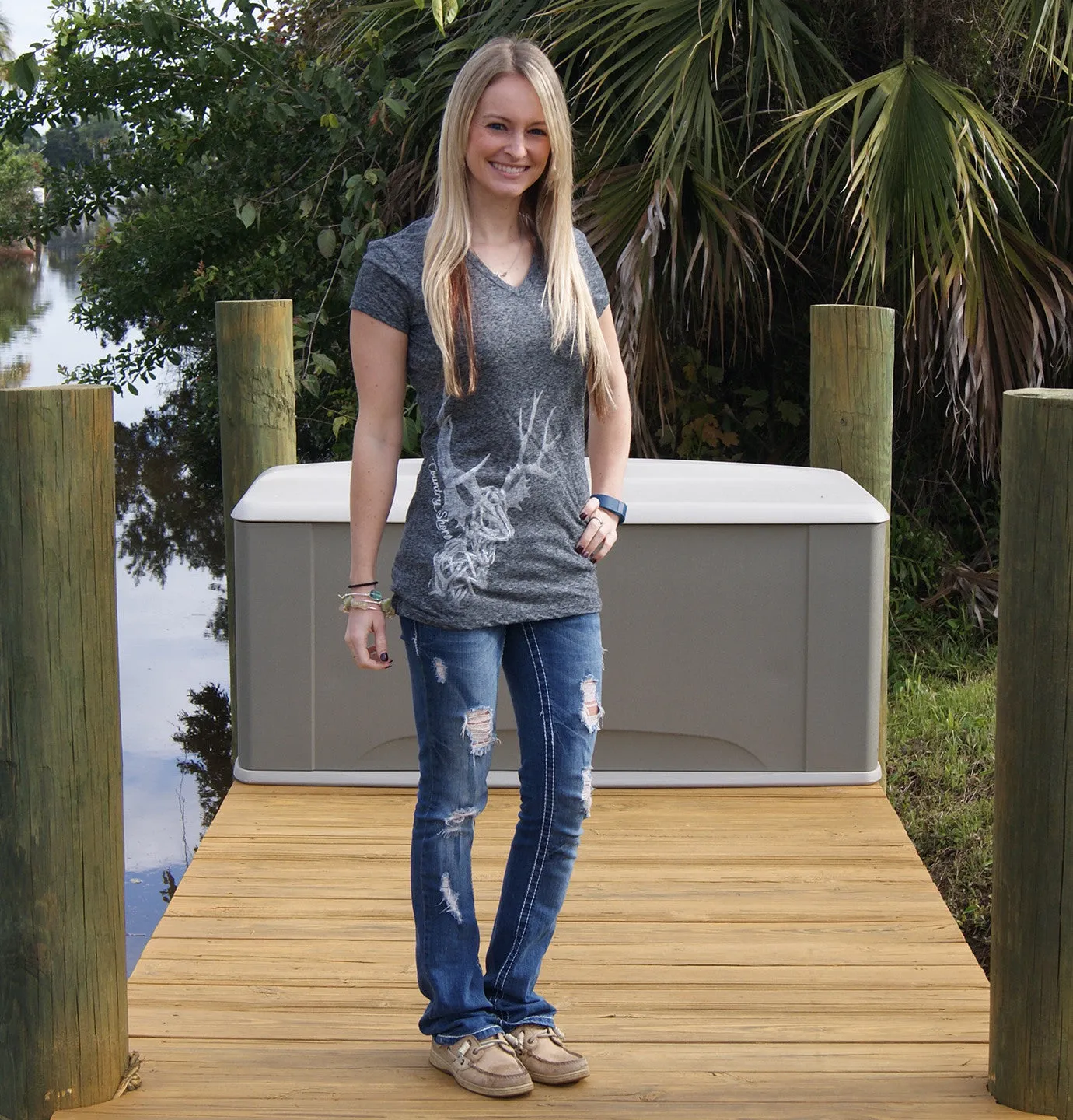 V-Neck Cap Sleeve Tee - Gray - All Antlers - Country Shore Outfitters
