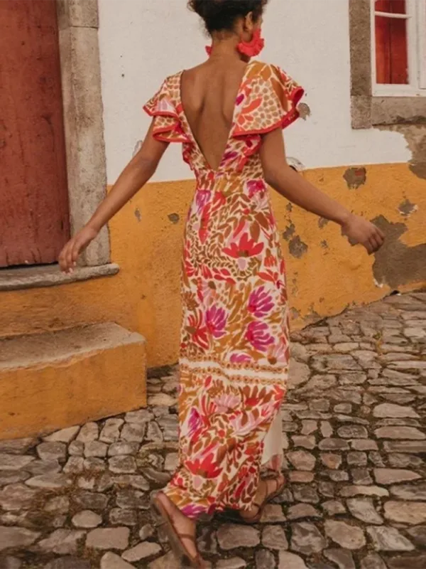 V-neck Maxi Dress with Floral Print and Ruffled Sleeves