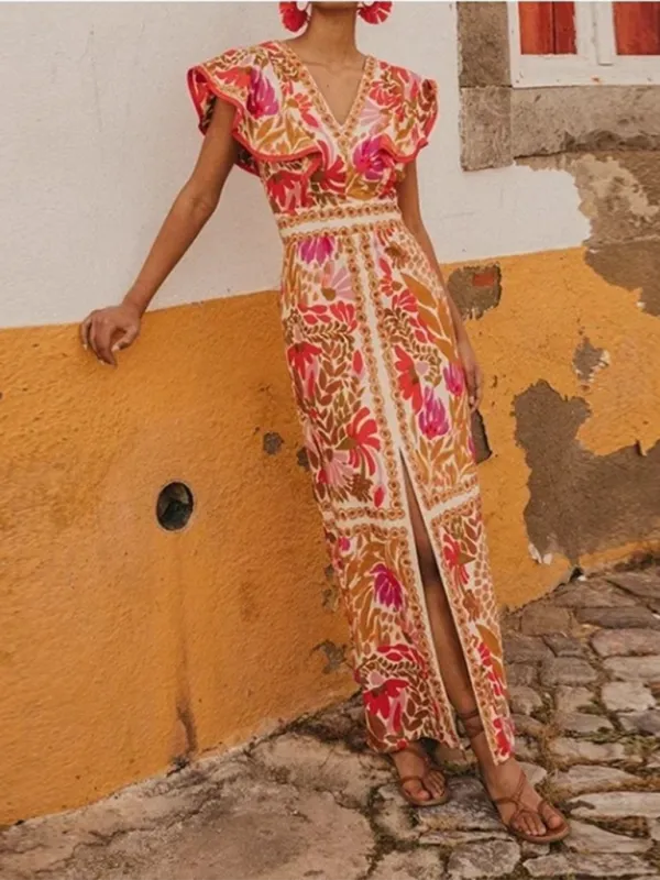 V-neck Maxi Dress with Floral Print and Ruffled Sleeves