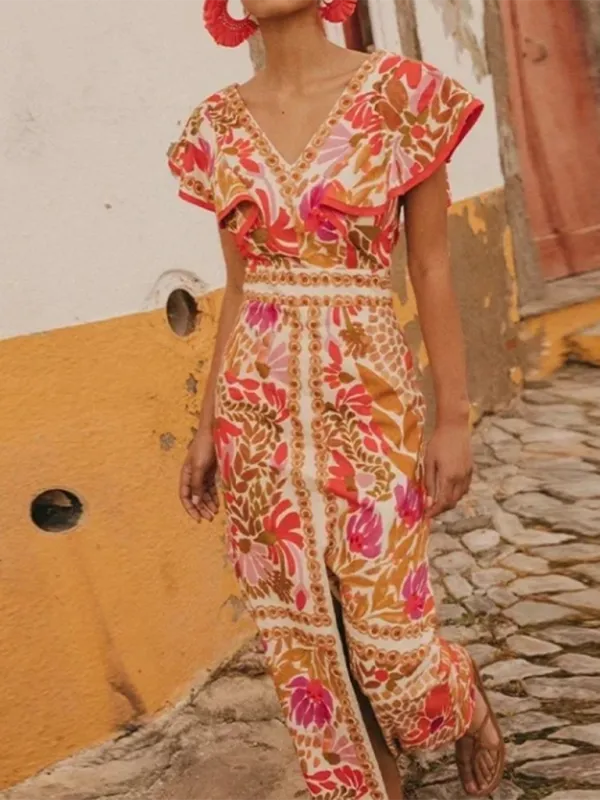 V-neck Maxi Dress with Floral Print and Ruffled Sleeves