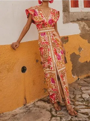 V-neck Maxi Dress with Floral Print and Ruffled Sleeves