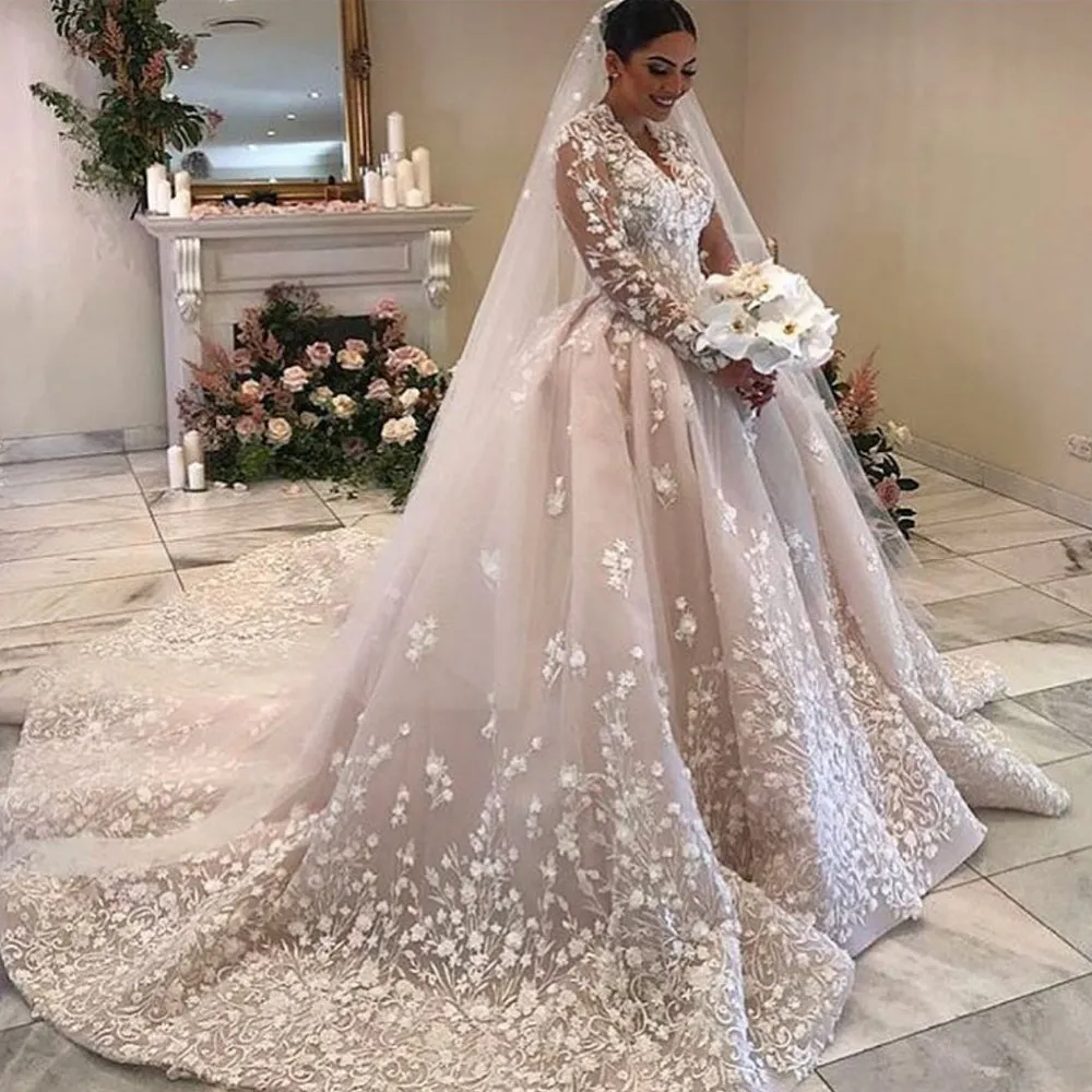 vintage wedding dress ball gown lace applique elegant boho pink wedding gowns with chapel train