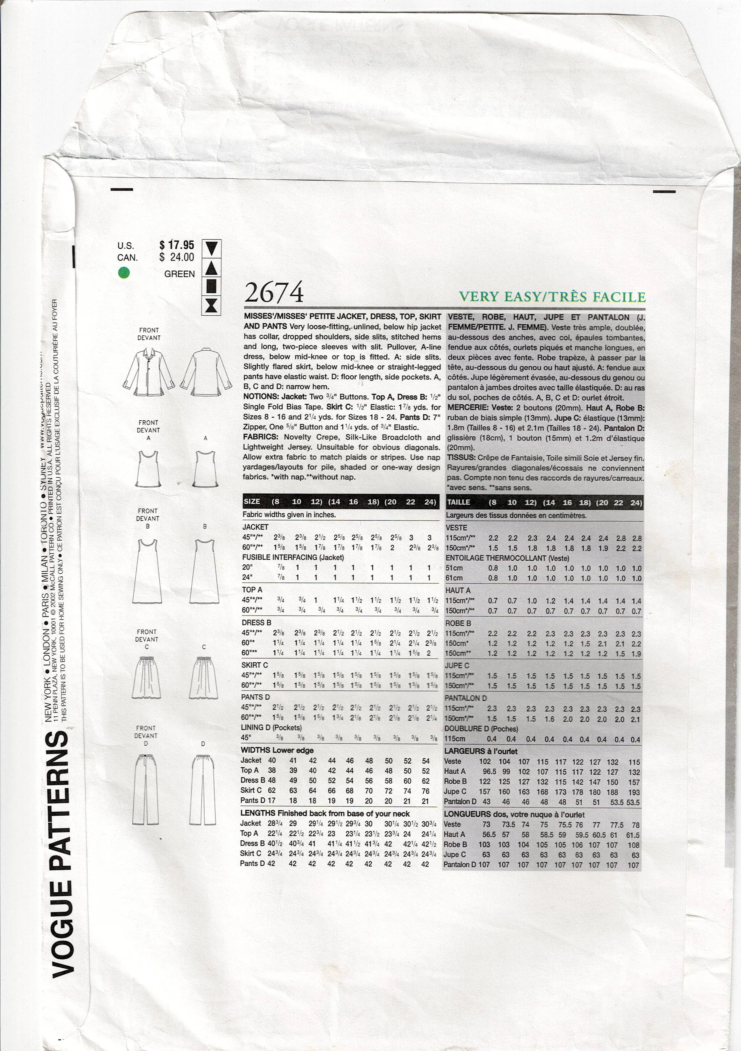 Vogue 2674 Womens 5 EASY Pieces Separates Wardrobe Out Of Print Sewing Pattern Size 8 - 12 UNCUT Factory Folded
