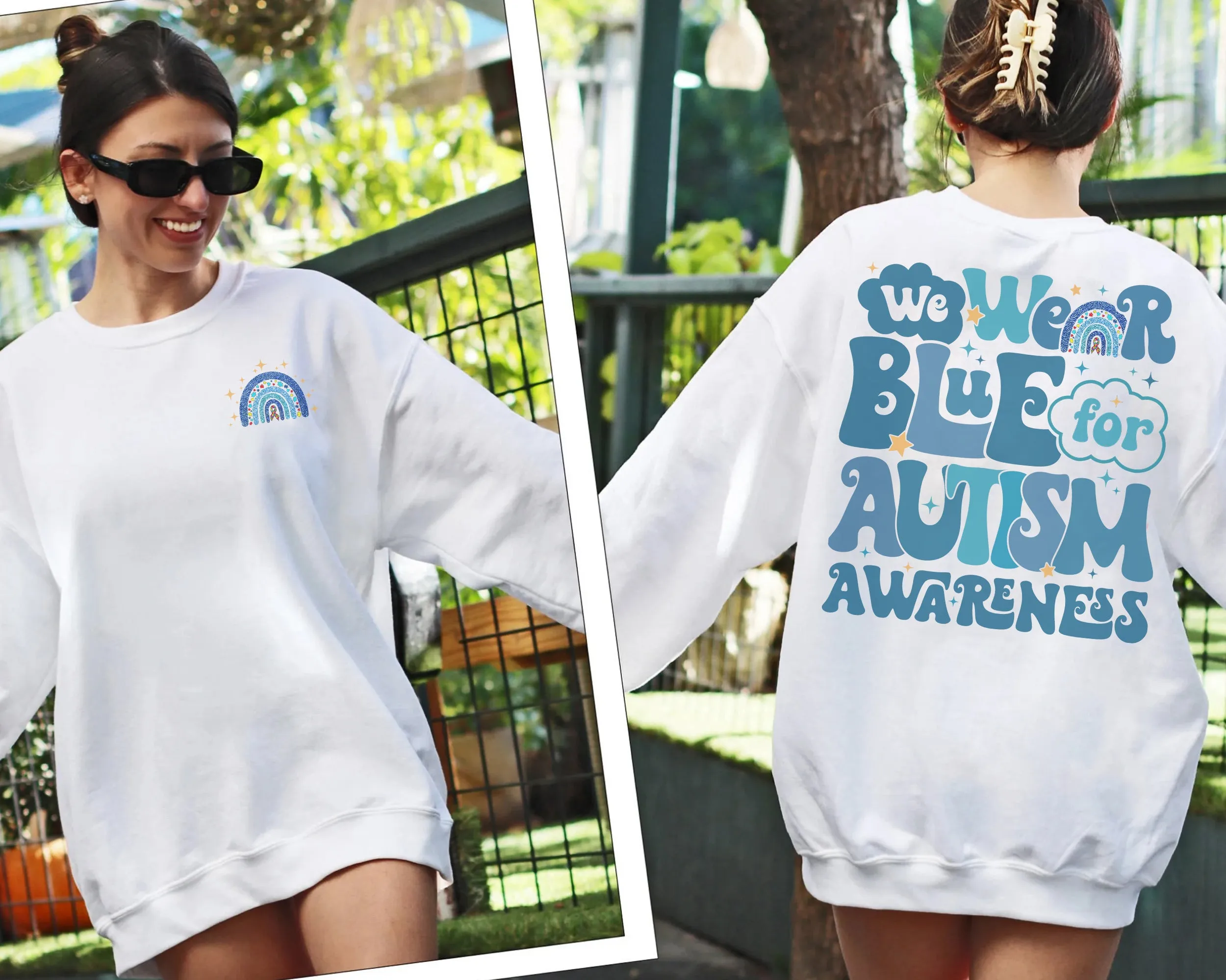 We Wear Blue For Autism Awareness Sweatshirt, In April We Wear Blue Crewneck, Autism Awareness Month, Blue Rainbow Tee, Autism Support