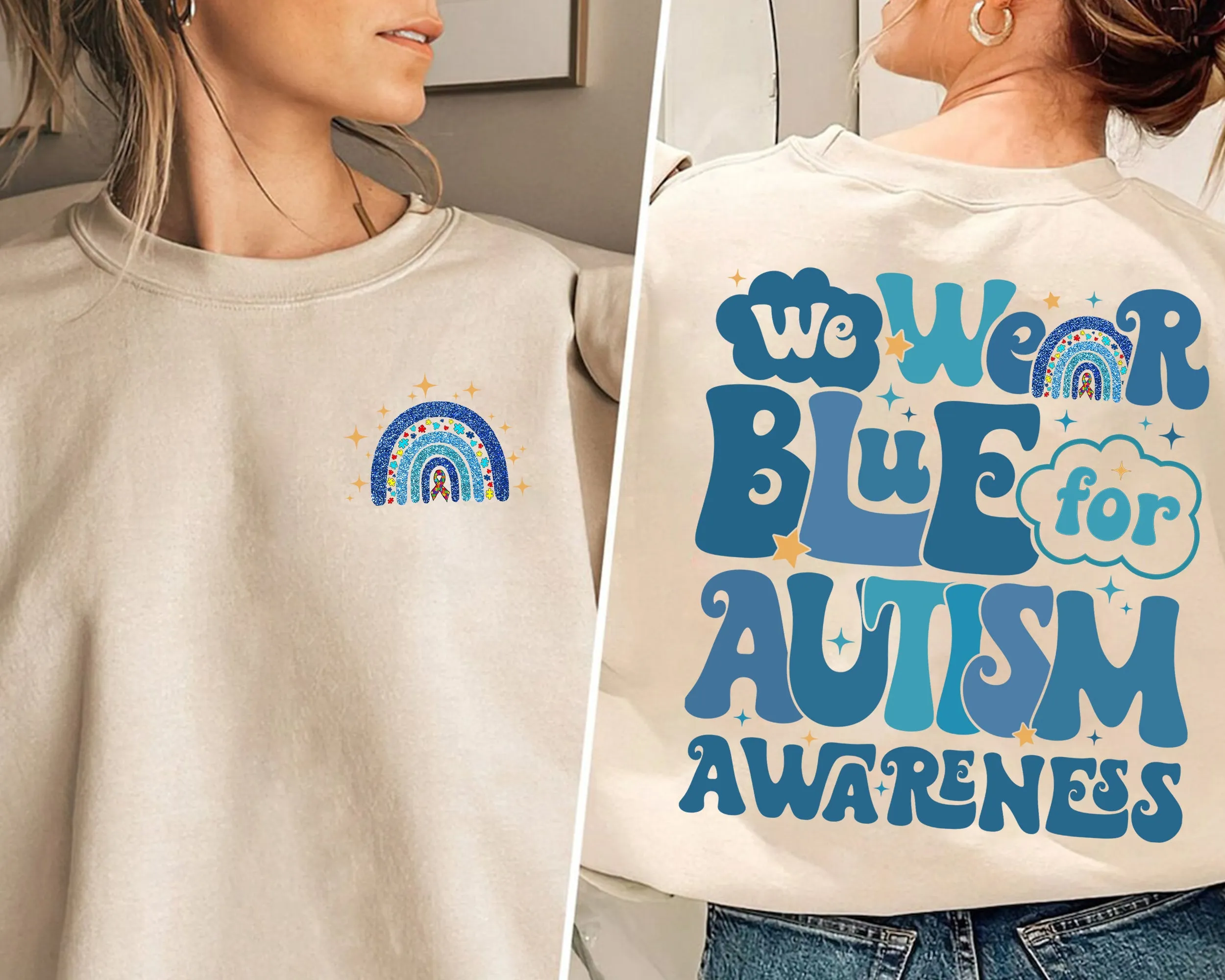 We Wear Blue For Autism Awareness Sweatshirt, In April We Wear Blue Crewneck, Autism Awareness Month, Blue Rainbow Tee, Autism Support