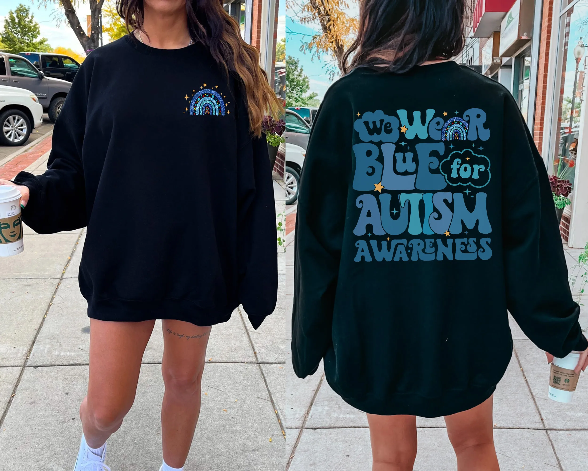 We Wear Blue For Autism Awareness Sweatshirt, In April We Wear Blue Crewneck, Autism Awareness Month, Blue Rainbow Tee, Autism Support