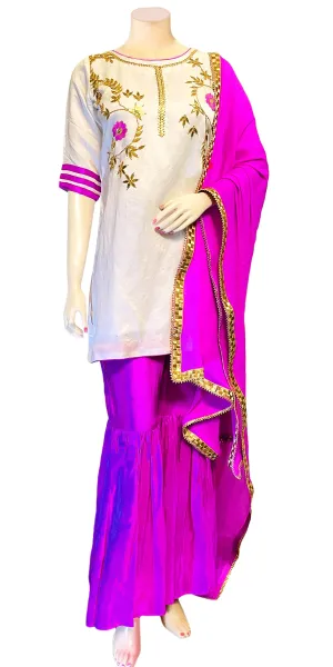 White & Pink Color Hand embroidered Kurti & Gharara Palazzo Pant with Dupatta set