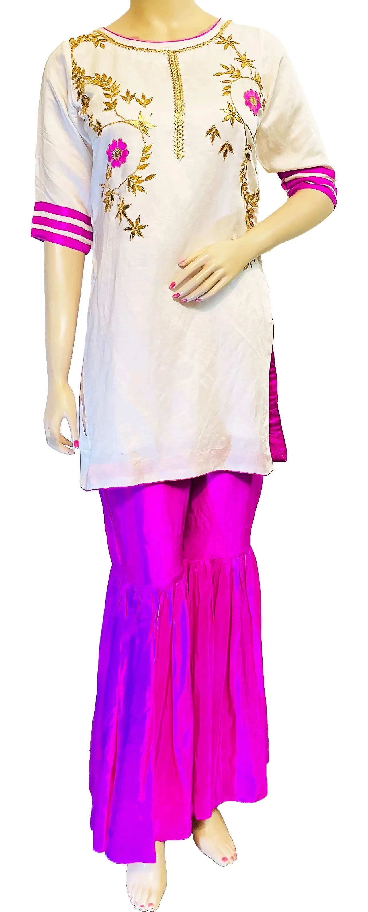 White & Pink Color Hand embroidered Kurti & Gharara Palazzo Pant with Dupatta set