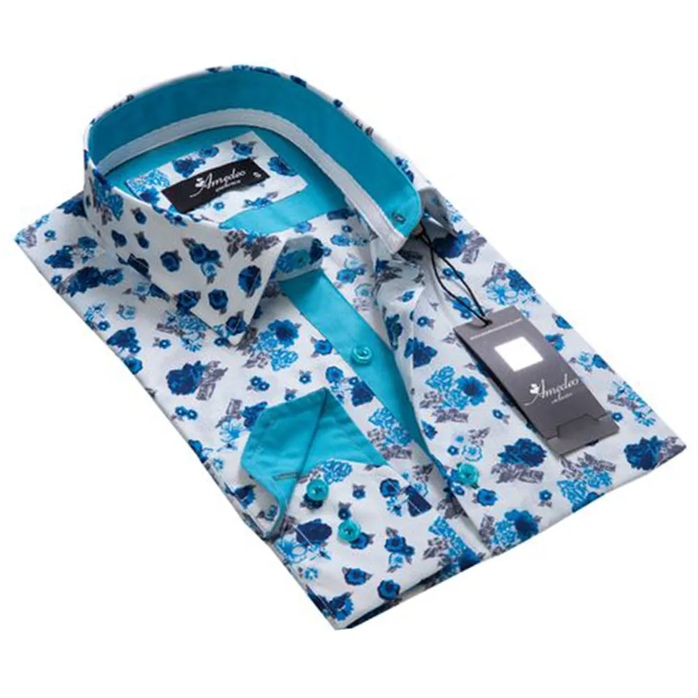 White Blue Floral Mens Slim Fit Designer Dress Shirt - tailored Cotton Shirts for Work and Casual Wear