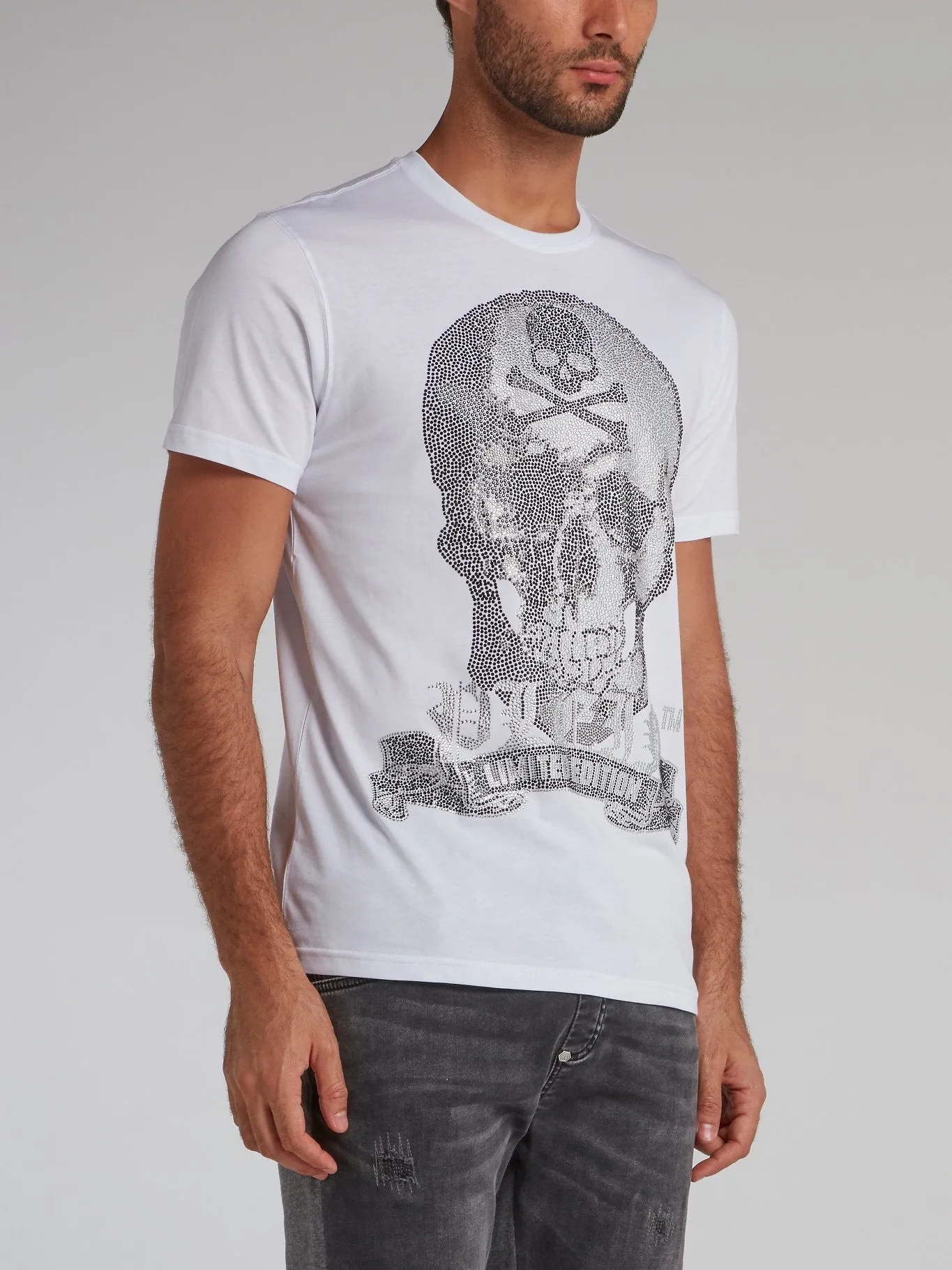 White Multi-Stud Platinum Skull T-Shirt