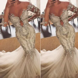 white wedding dresses for bride Vestido de noiva de serial 2021 beaded mermaid crystals luxury wedding gowns