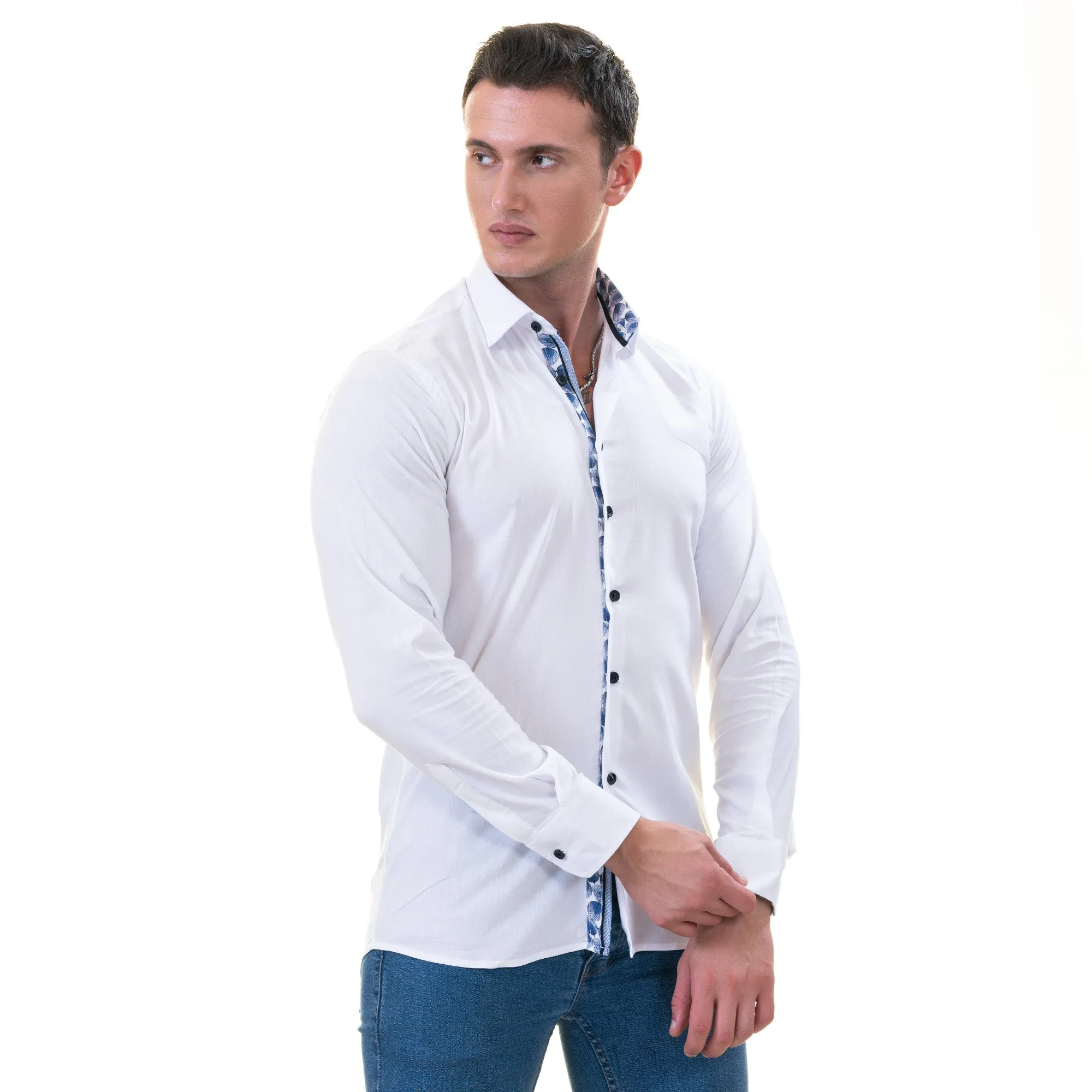 White with Blue inside Slim Fit Designer Dress Shirt - tailored Cotton Shirts for Work
