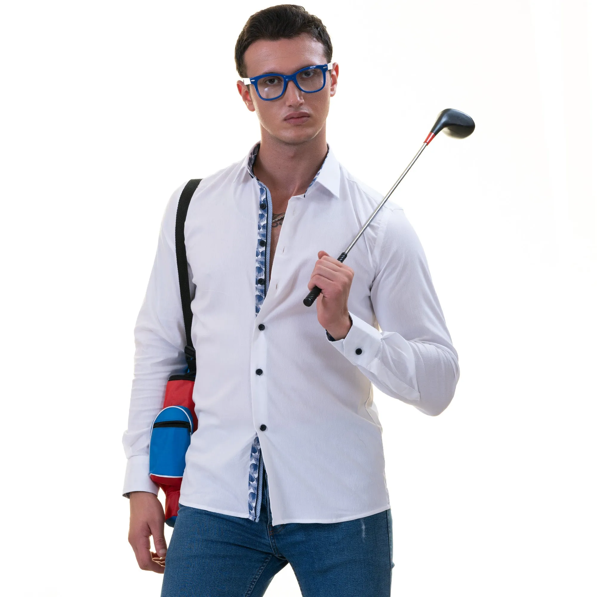 White with Blue inside Slim Fit Designer Dress Shirt - tailored Cotton Shirts for Work