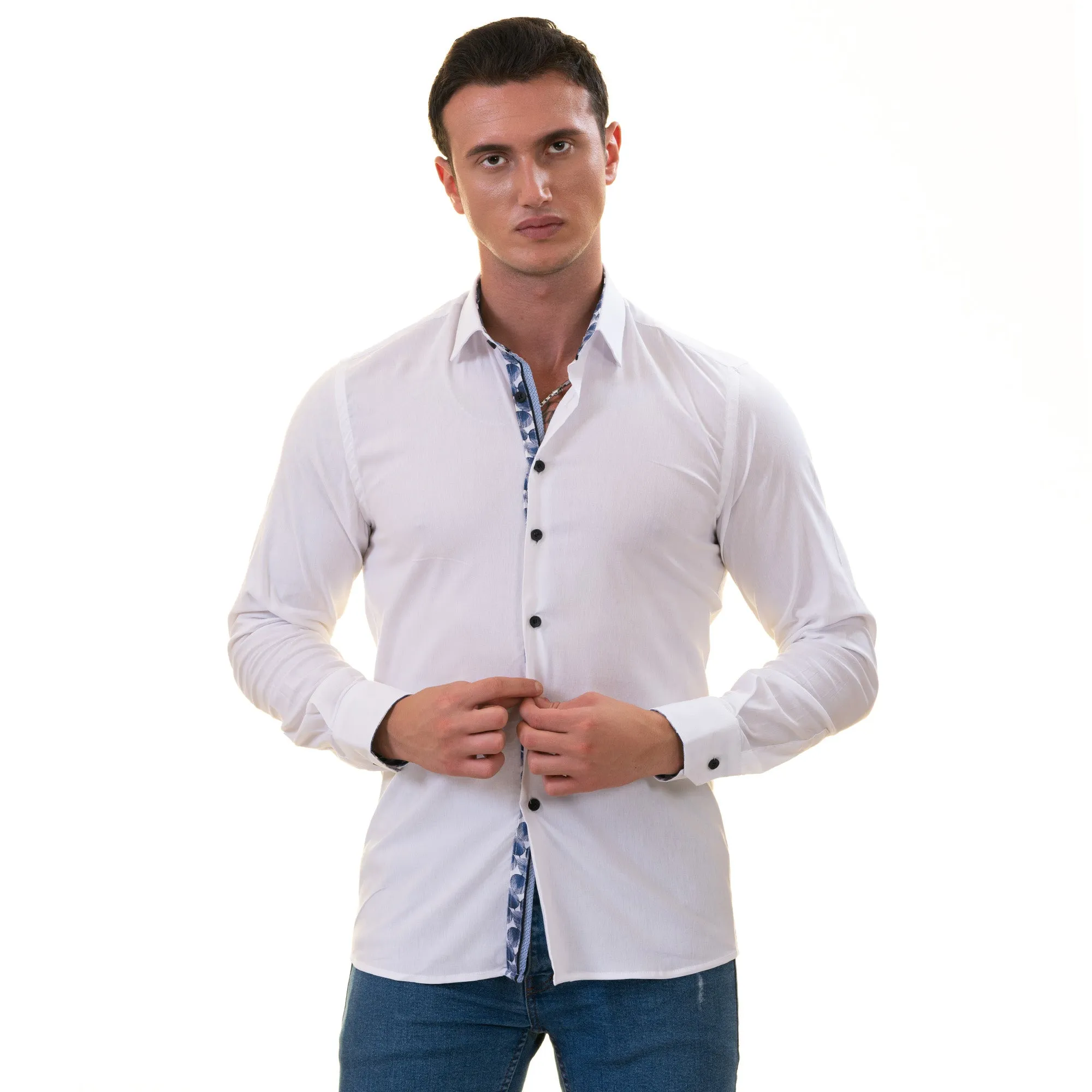 White with Blue inside Slim Fit Designer Dress Shirt - tailored Cotton Shirts for Work