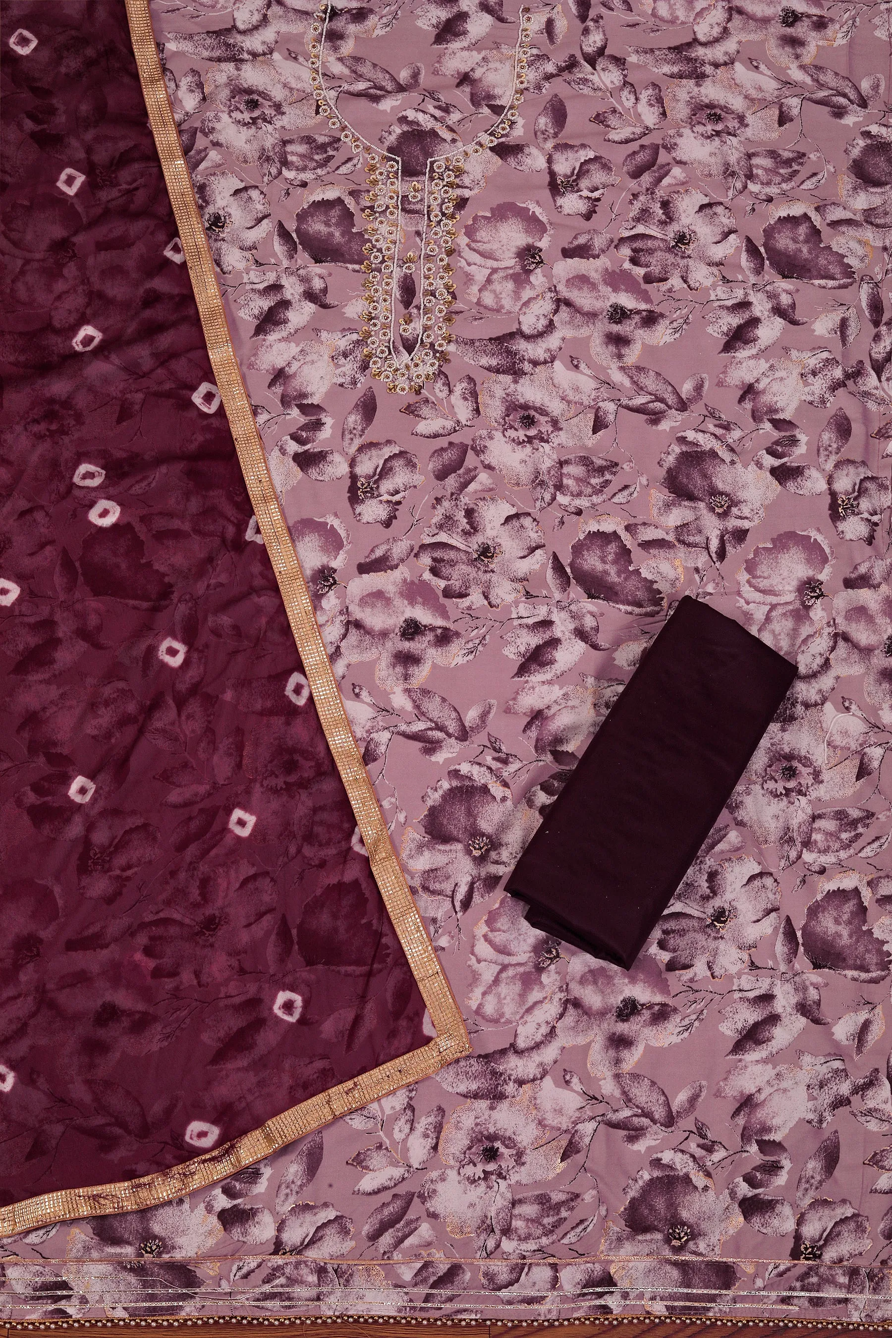 Wine Cotton Blend Embellished Dress Material With Bandhani Dupatta