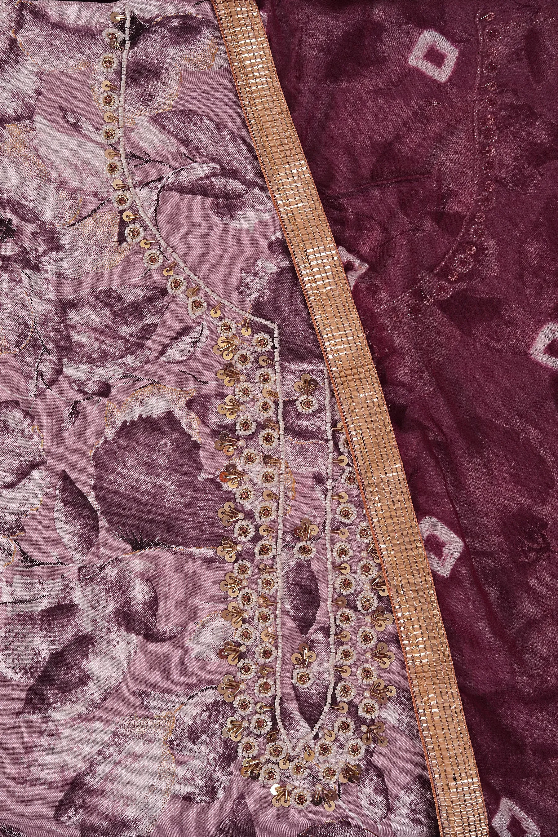 Wine Cotton Blend Embellished Dress Material With Bandhani Dupatta