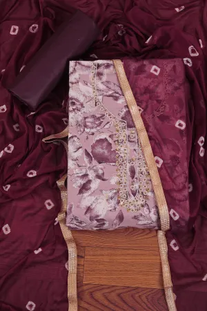Wine Cotton Blend Embellished Dress Material With Bandhani Dupatta