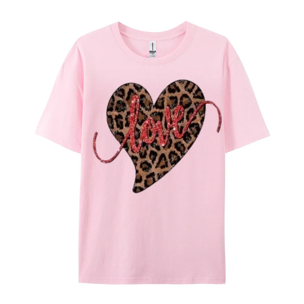 Women Love Leopard Heart Valentine's Day Print  Graphic T-shirt