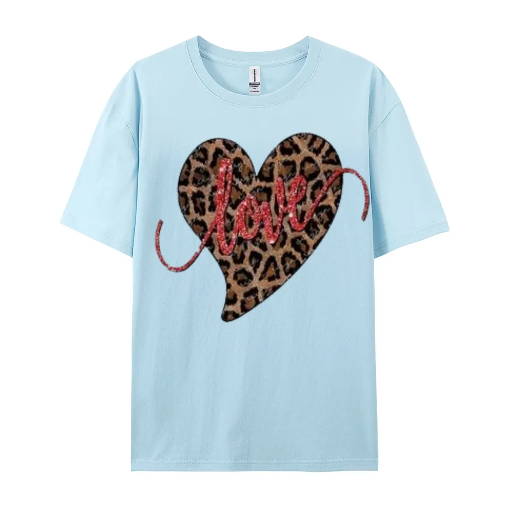 Women Love Leopard Heart Valentine's Day Print  Graphic T-shirt