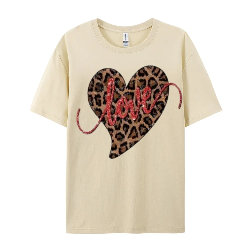 Women Love Leopard Heart Valentine's Day Print  Graphic T-shirt