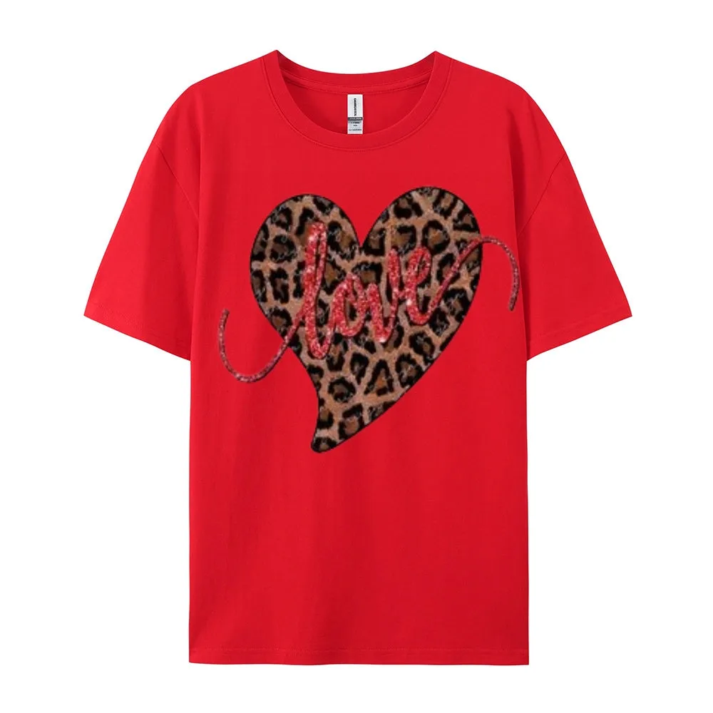 Women Love Leopard Heart Valentine's Day Print  Graphic T-shirt