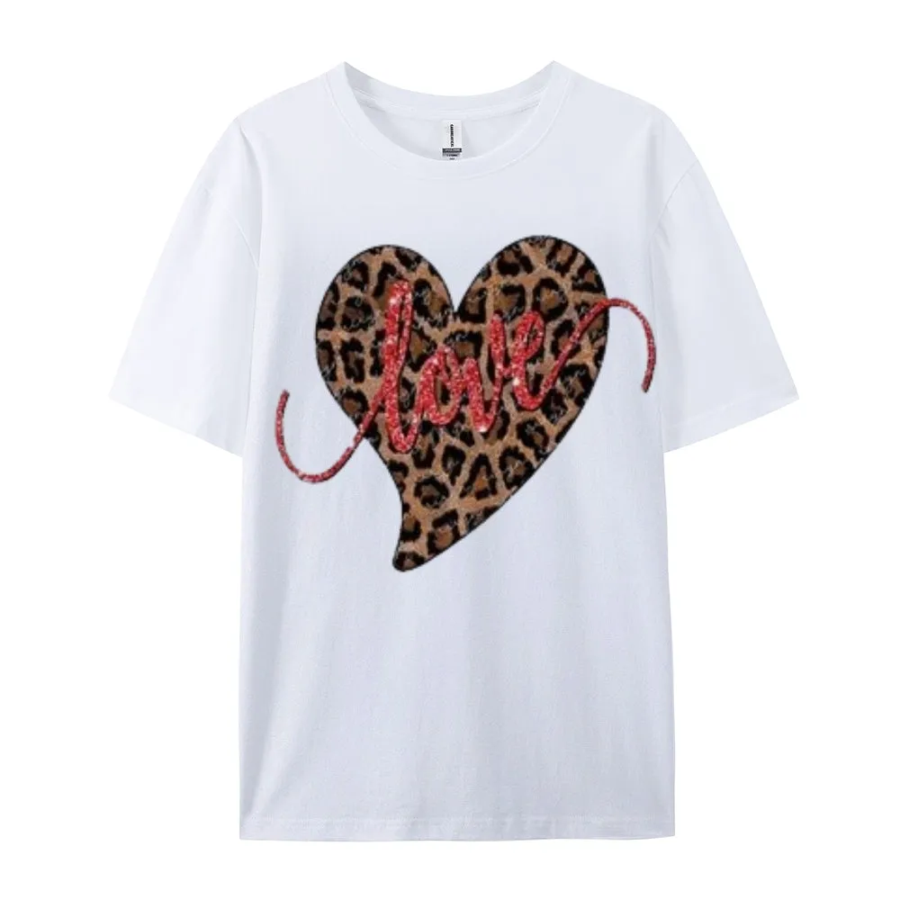 Women Love Leopard Heart Valentine's Day Print  Graphic T-shirt