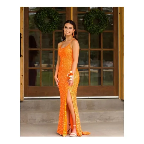 Women’s long open back sequin dress with slit