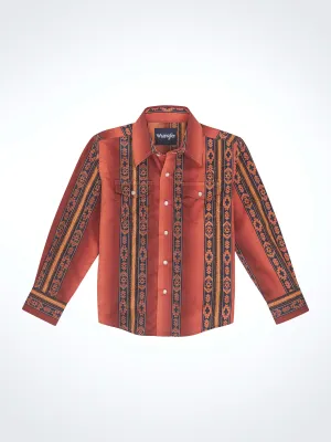 Wrangler Boy's Vibrant Rust Checotah Vertical Print Snap Western Shirt