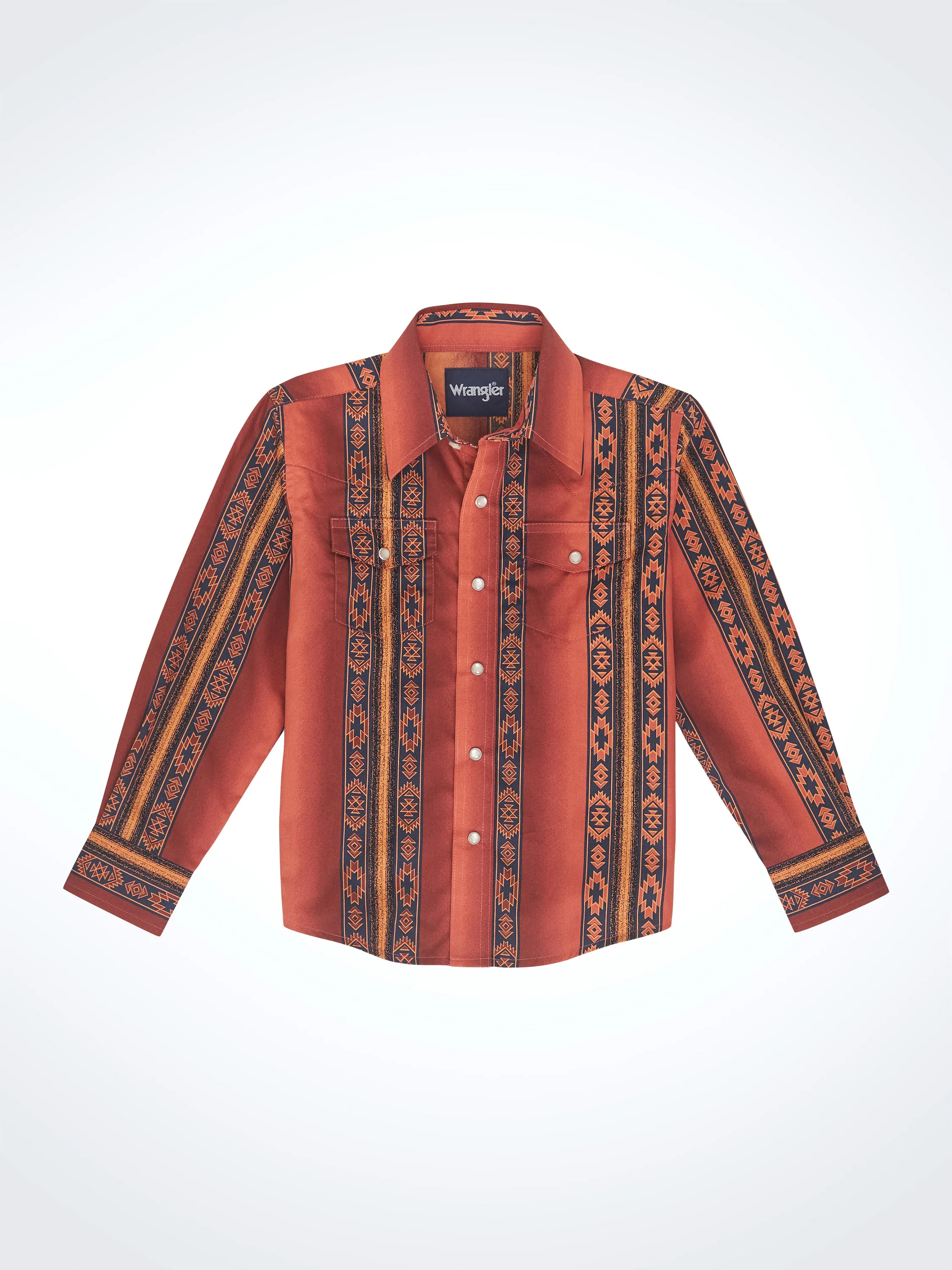 Wrangler Boy's Vibrant Rust Checotah Vertical Print Snap Western Shirt