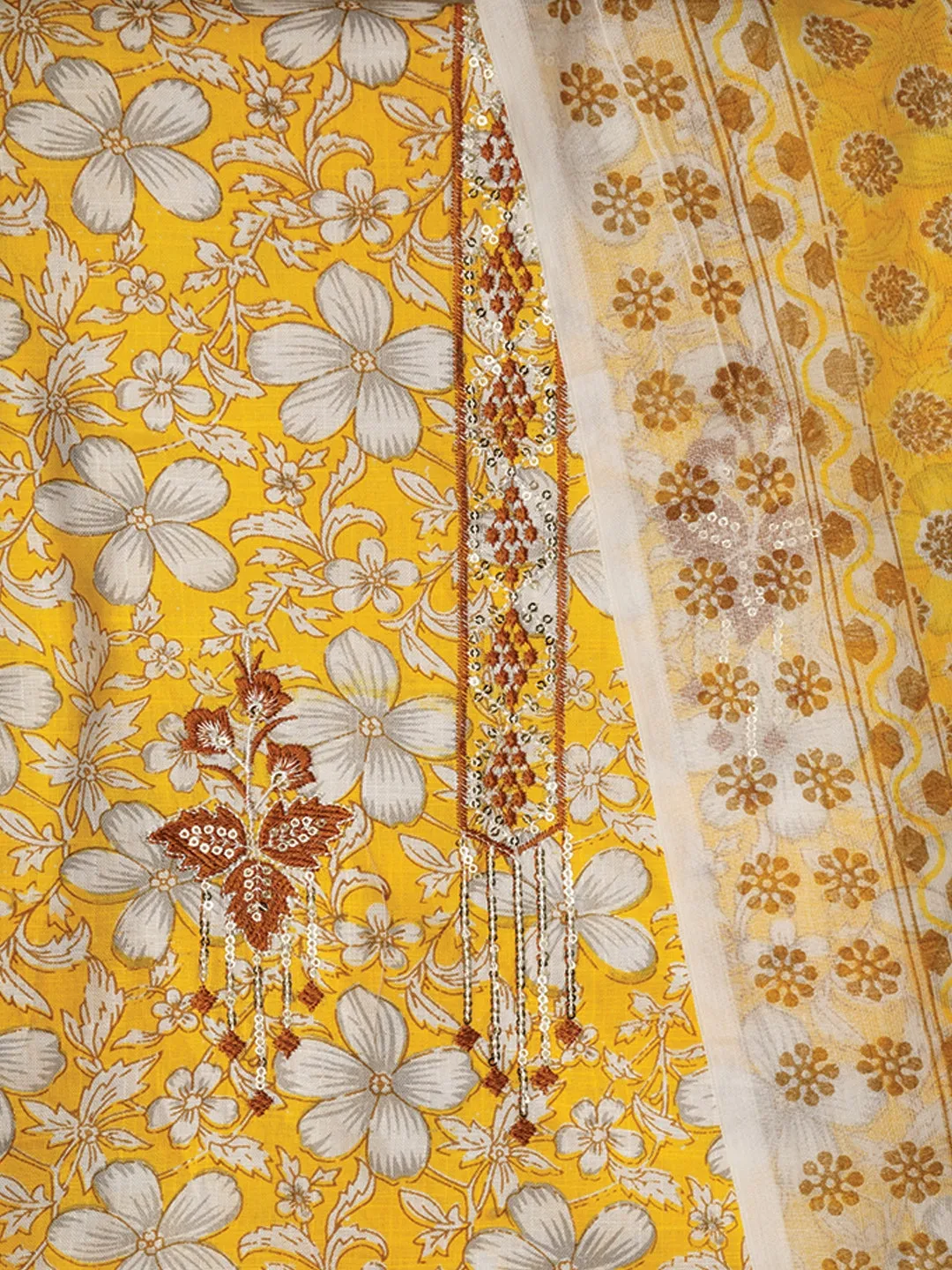 Yellow Embellished Floral Printed Pure Cotton Dress Material with Dupatta
