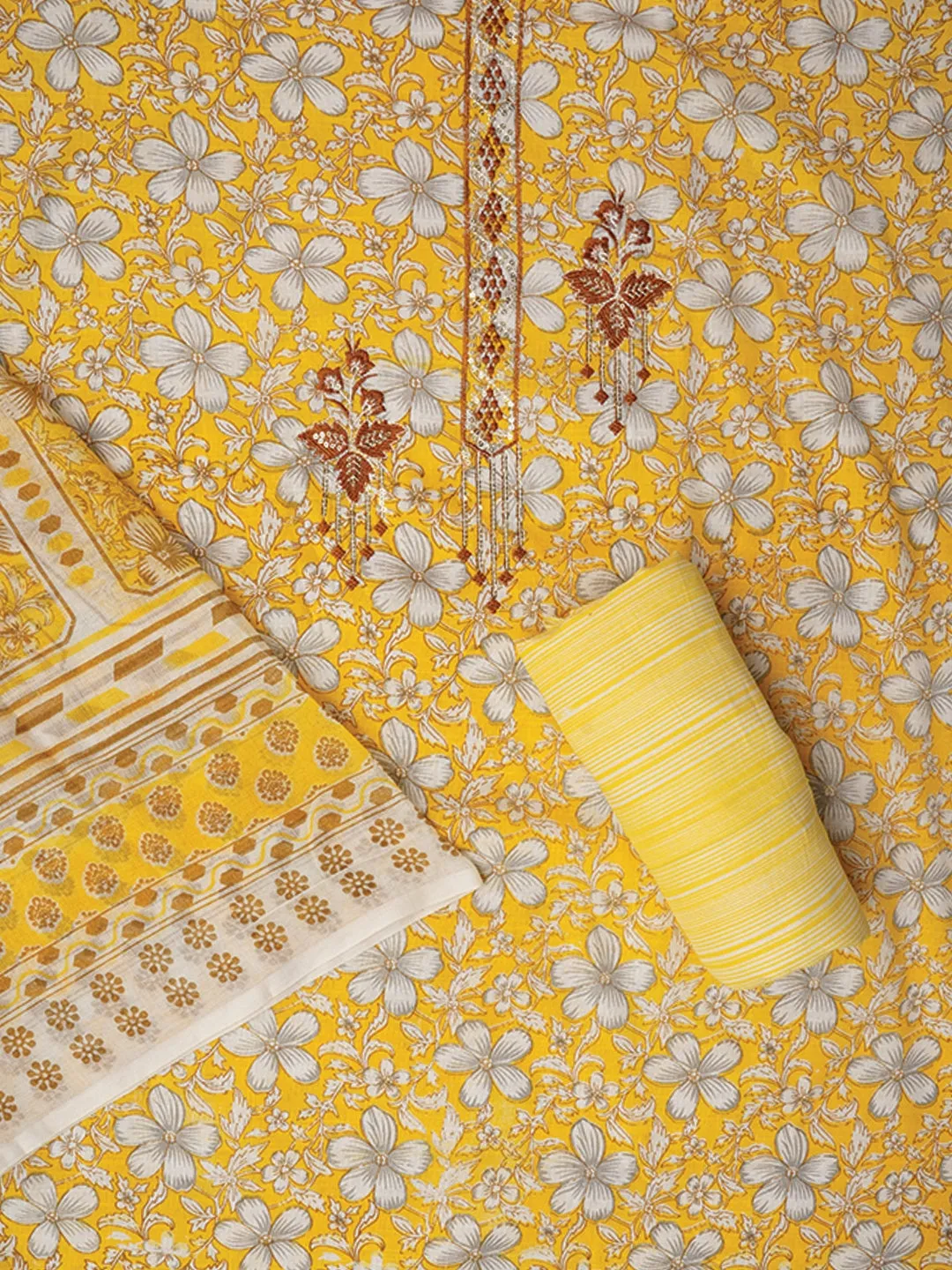 Yellow Embellished Floral Printed Pure Cotton Dress Material with Dupatta