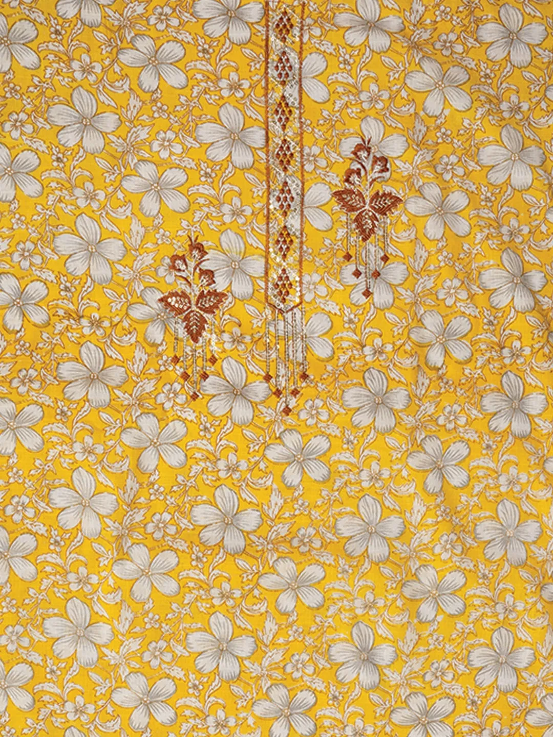 Yellow Embellished Floral Printed Pure Cotton Dress Material with Dupatta