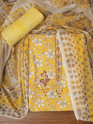 Yellow Embellished Floral Printed Pure Cotton Dress Material with Dupatta